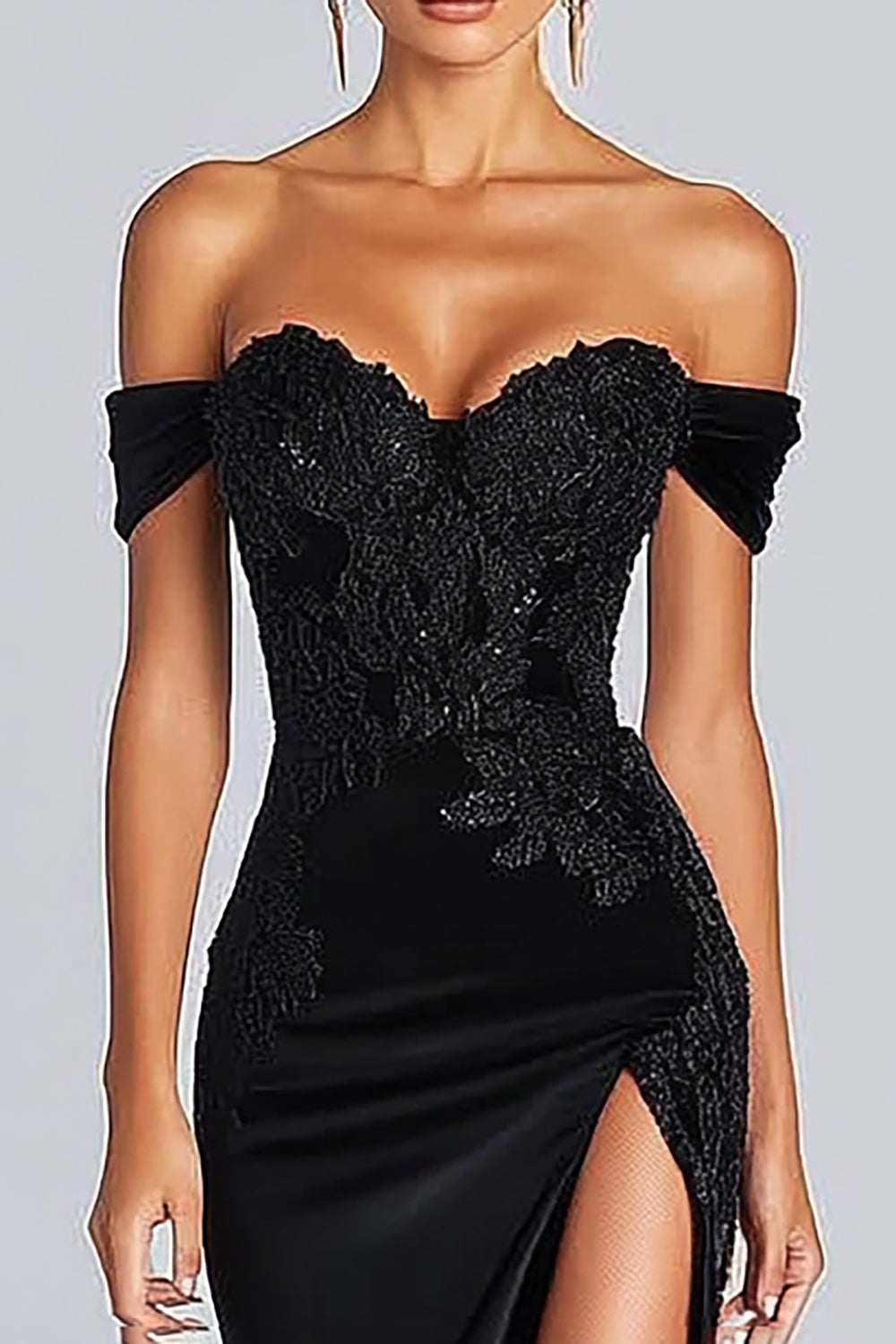 Sparkly Off the Shoulder Sequined Maxi Satin Black Tie Dress with Slit
