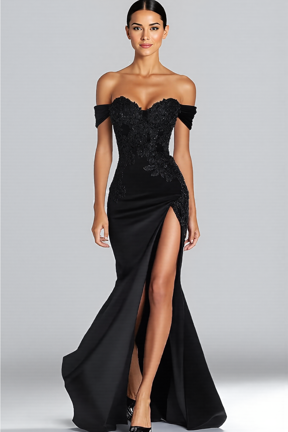 Sparkly Off the Shoulder Sequined Maxi Satin Black Tie Dress with Slit