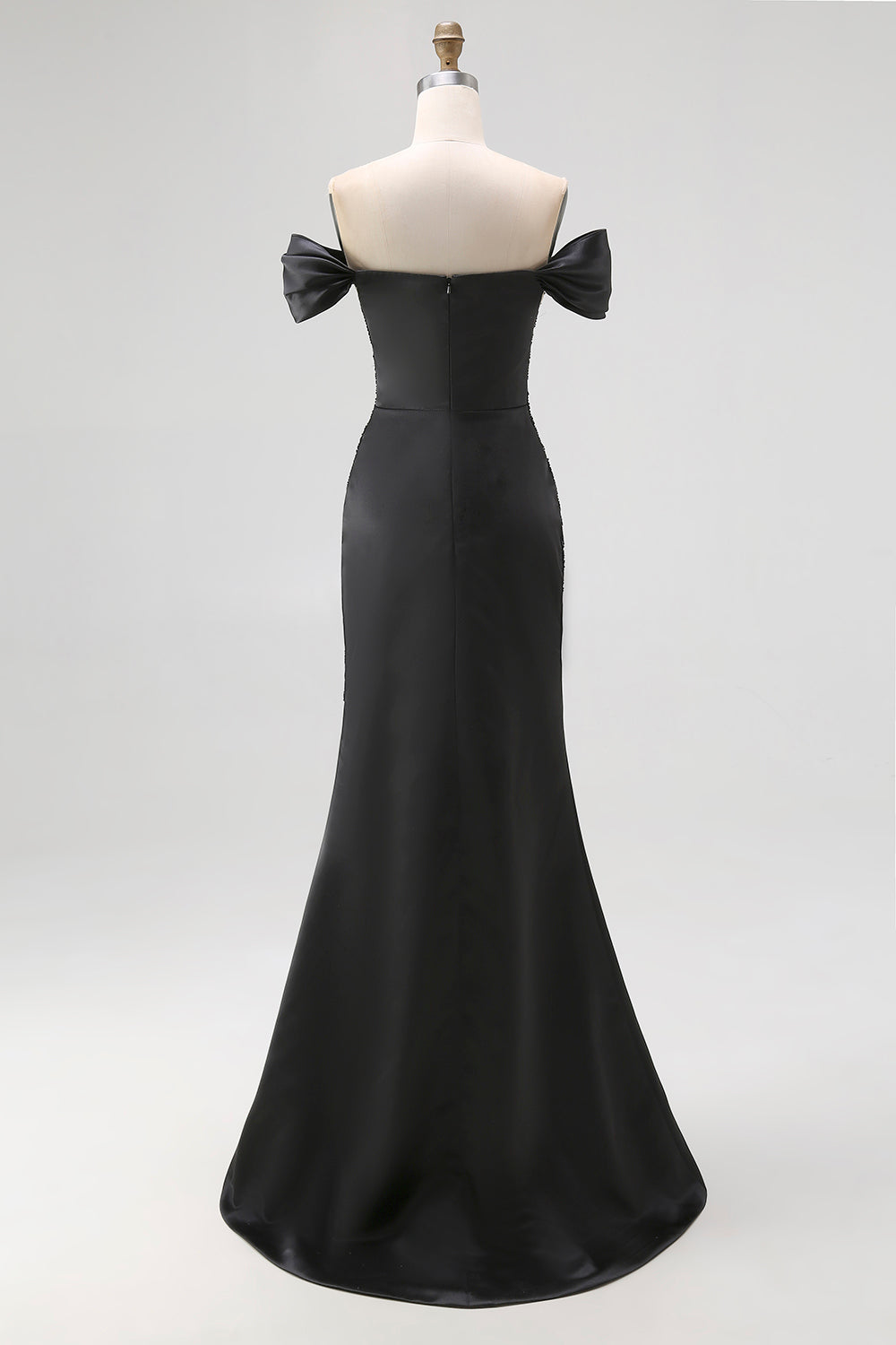 Sparkly Off the Shoulder Sequined Maxi Satin Black Tie Dress with Slit