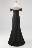 Sparkly Off the Shoulder Sequined Maxi Satin Black Tie Dress with Slit