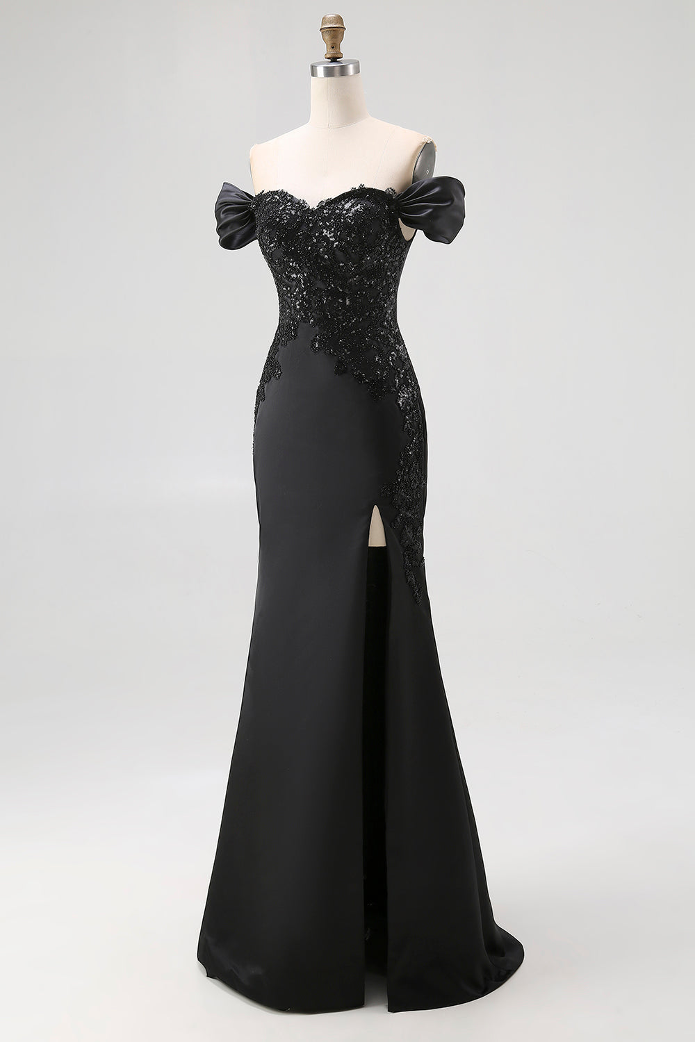 Sparkly Off the Shoulder Sequined Maxi Satin Black Tie Dress with Slit