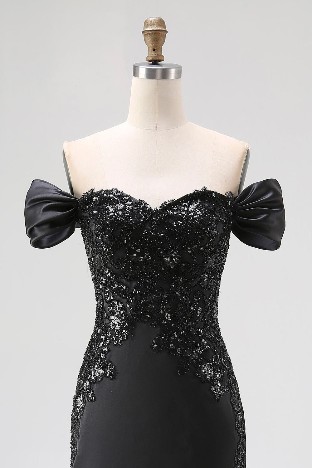 Sparkly Off the Shoulder Sequined Maxi Satin Black Tie Dress with Slit