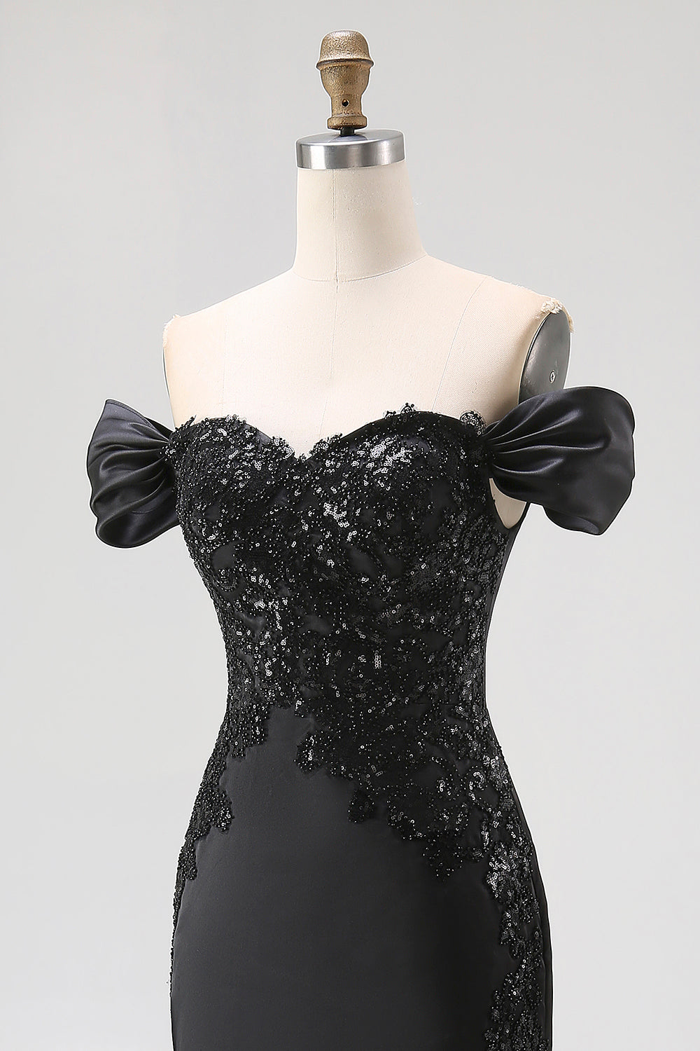 Sparkly Off the Shoulder Sequined Maxi Satin Black Tie Dress with Slit