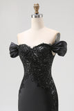 Sparkly Off the Shoulder Sequined Maxi Satin Black Tie Dress with Slit