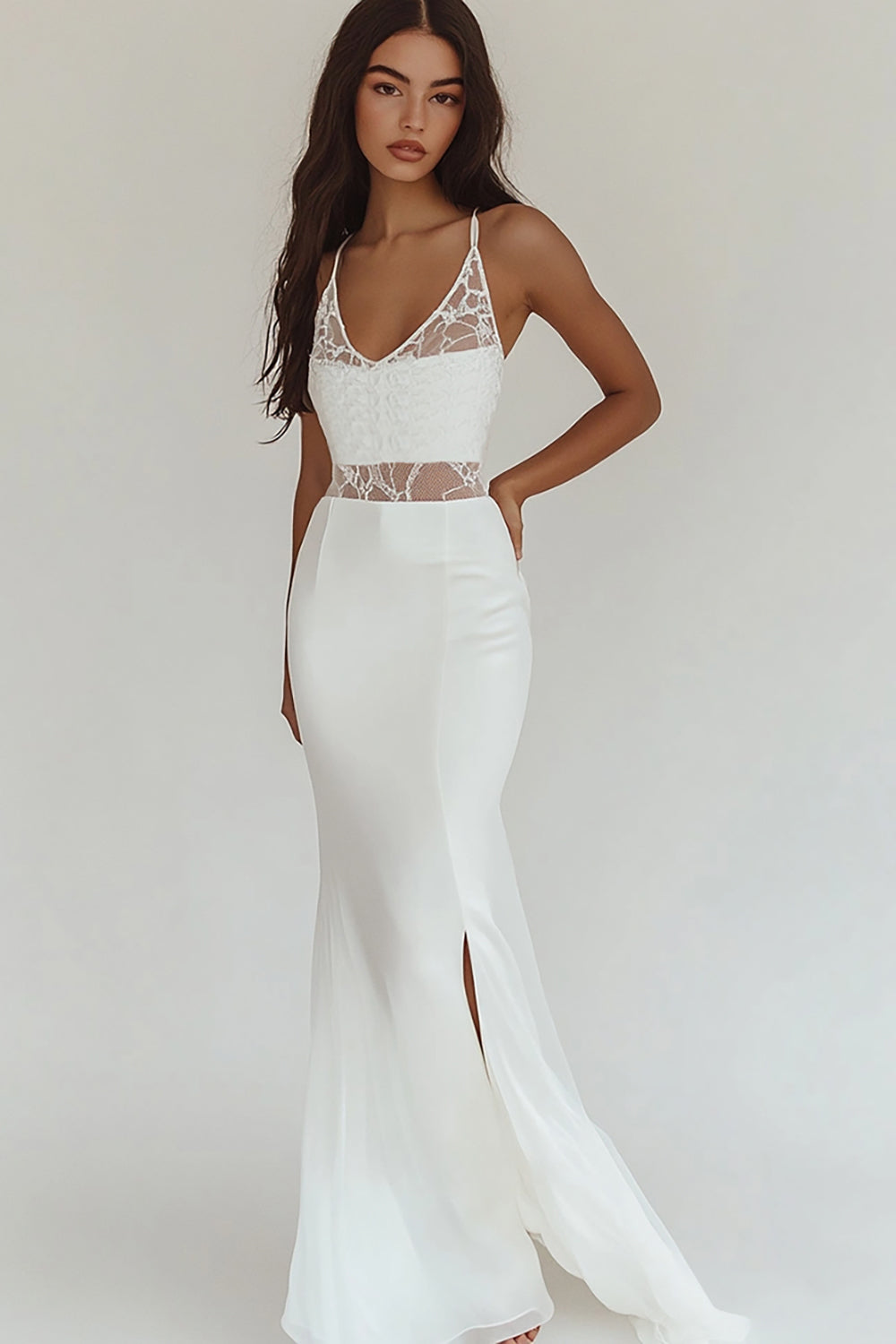 White Mermaid Satin V-Neck Maxi Rehearsal Dinner with Slit