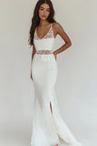 White Mermaid Satin V-Neck Maxi Rehearsal Dinner with Slit
