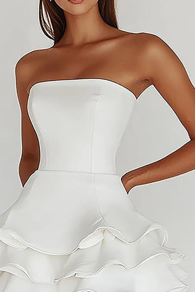 Ruffle Strapless White A Line Satin Short Graduation Dress