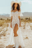 Off the Shoulder White Lace Sheath Boho Maxi Dress with Slit