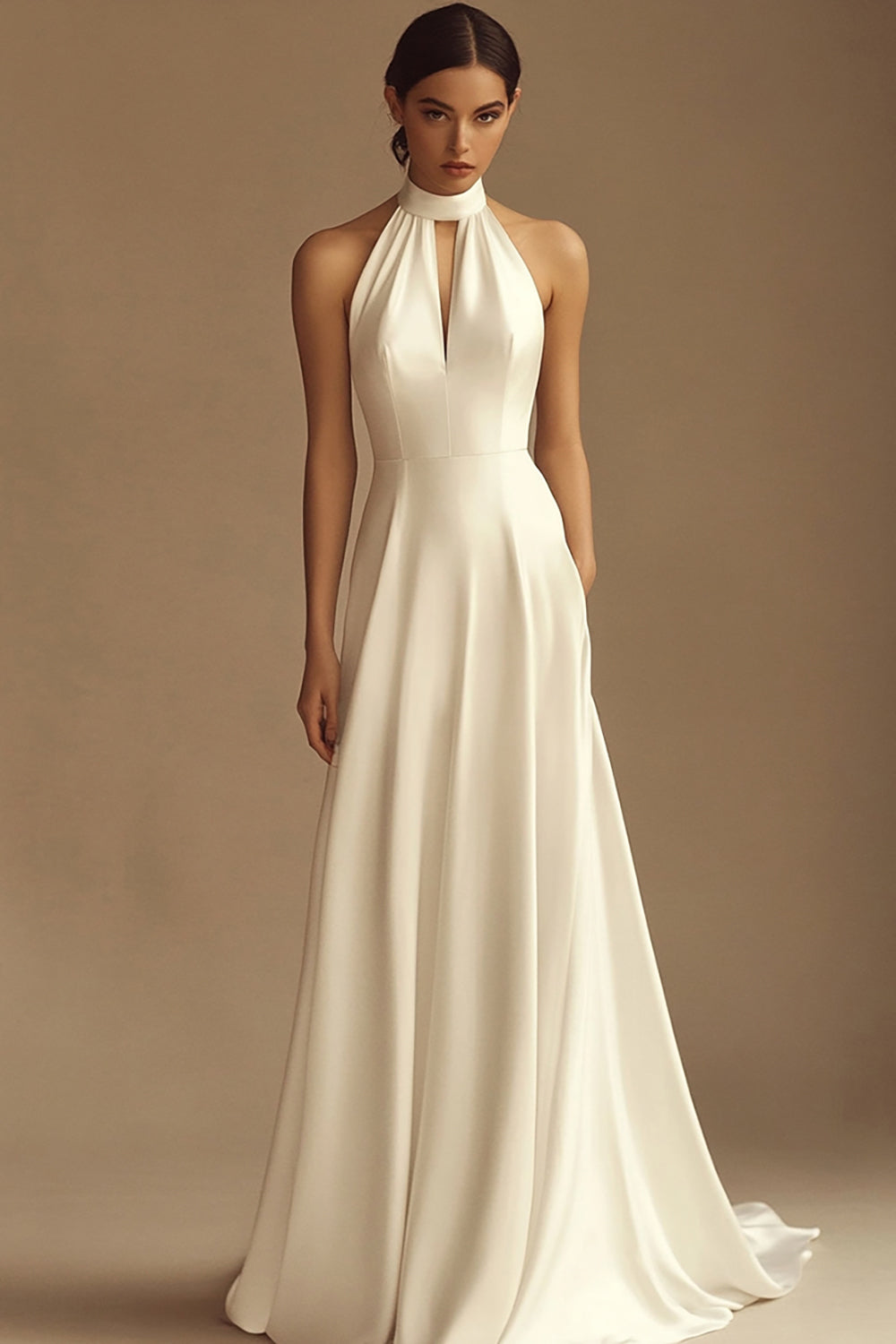 White Satin A Line Keyhole Maxi Rehearsal Dinner Dress