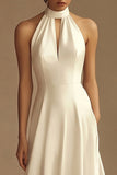 White Satin A Line Keyhole Maxi Rehearsal Dinner Dress