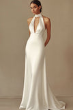 Leely Women Sheath White Satin Maxi Rehearsal Dinner Dress Halter Keyhole Sleeveless Engagement Dress