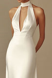 Elegant Halter Satin Sheath Keyhole Long Rehearsal Dinner Dress