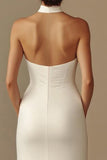 Elegant Halter Satin Sheath Keyhole Long Rehearsal Dinner Dress