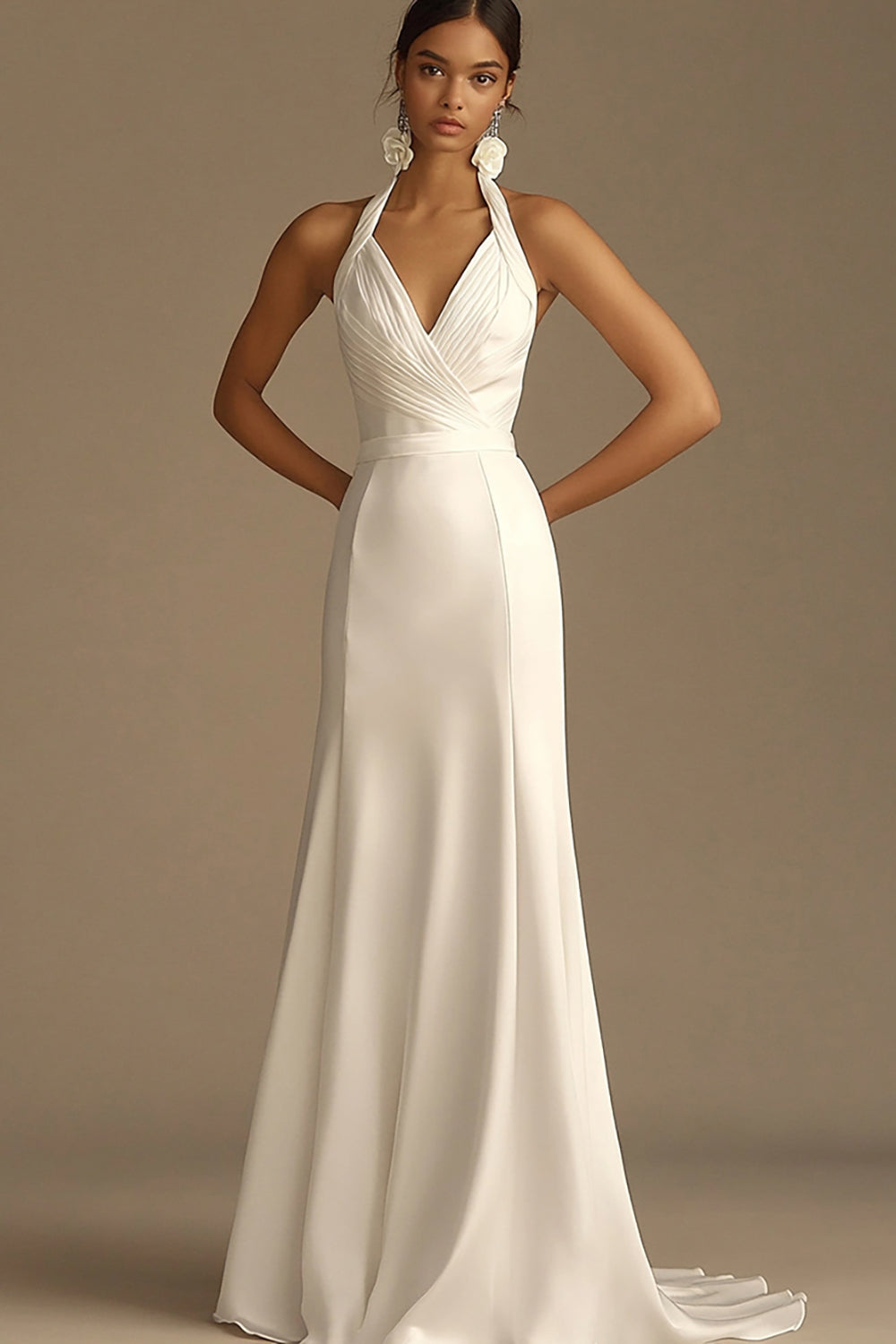 White Halter A Line Satin Maxi Rehearsal Dinner Dress
