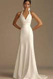 White Halter A Line Satin Maxi Rehearsal Dinner Dress