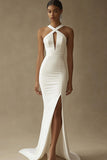 White Mermaid Keyhole Maxi Rehearsal Dinner Dress with Slit