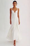 White A Line Chiffon Ruched Long Rehearsal Dinner Dress