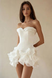 A Line Strapless Ruffled Mini Little White Dress