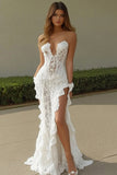 Lace White Strapless Ruffled Long Rehearsal Dinner Dress with Slit