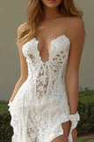 Lace White Strapless Ruffled Long Rehearsal Dinner Dress with Slit