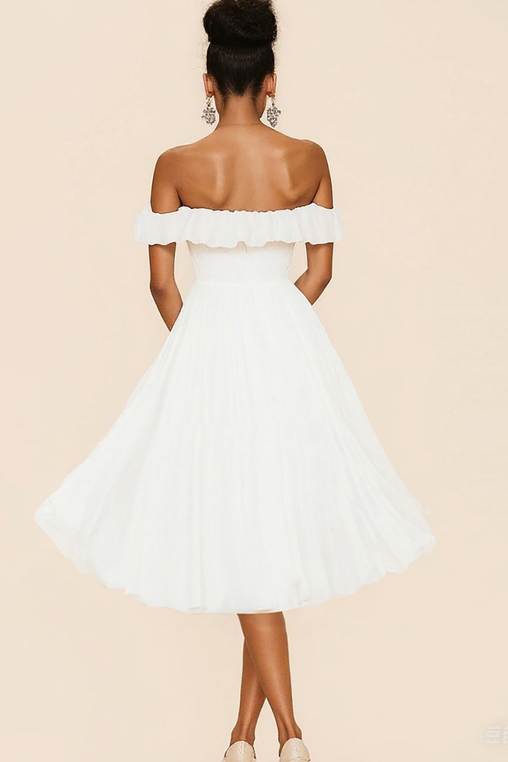 White A Line Chiffon Pleated Midi Graduation Dress with Ruffles