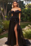 A Line Chiffon Off the Shoulder Ruffled Long Black Tie Dress with Slit