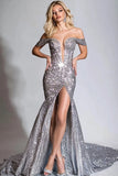 Sparkly Silver Sequined Mermaid Long Prom Dress with Slit