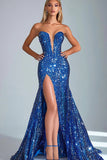 Sparkly Royal Blue Sequined Strapless Mermaid Long Prom Dress with Slit