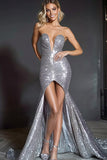 Sparkly Silver Sequins V Neck Mermaid High Low Prom Dress