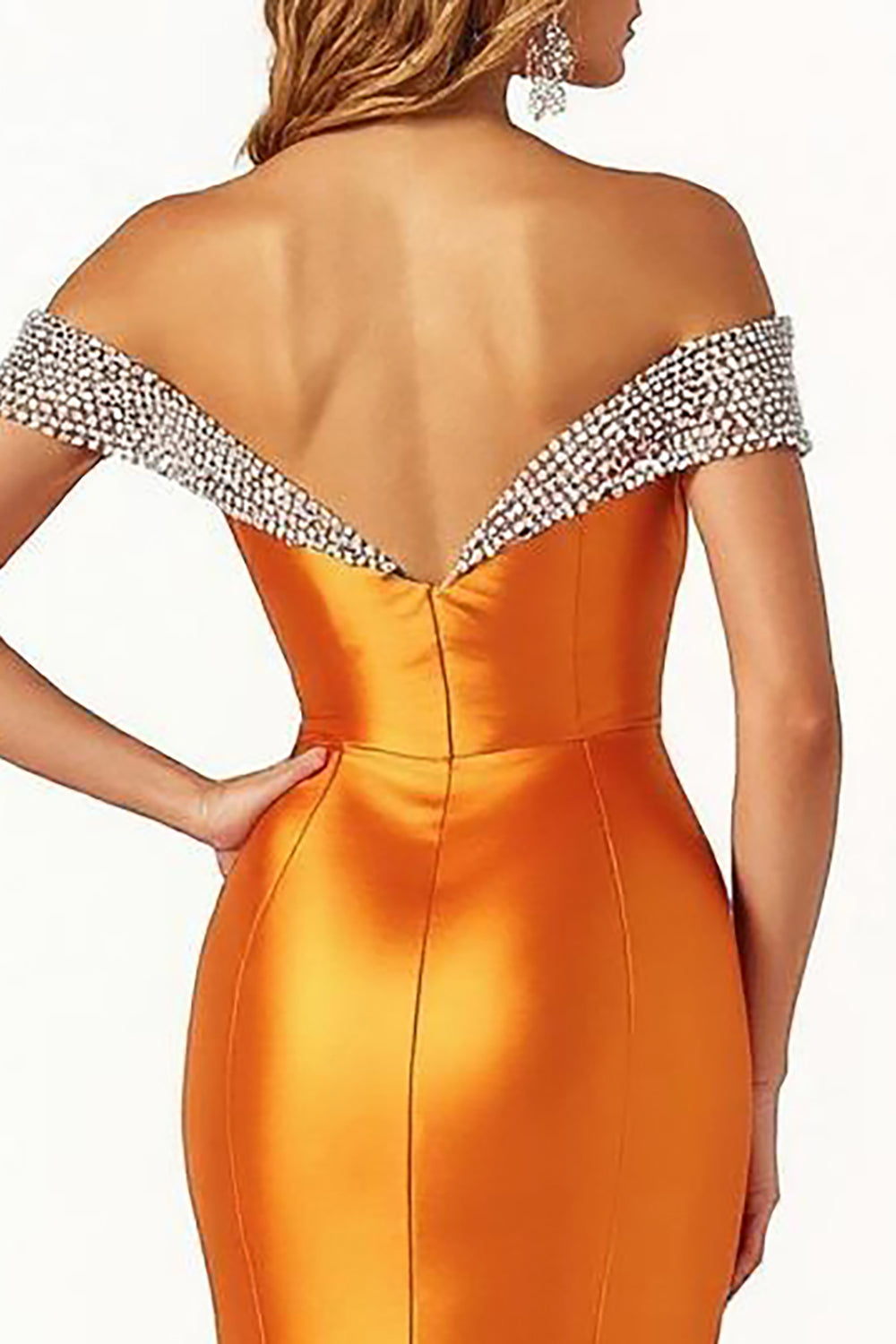Sparkly Orange Satin Ruched Long Prom Dress with Slit