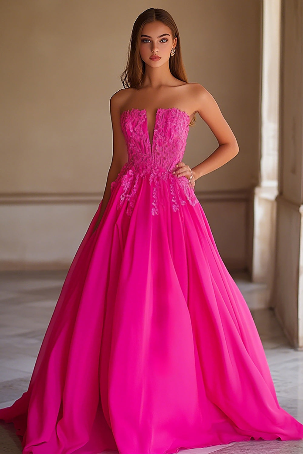 Fuchsia Chiffon Strapless Long A Line Prom Dress with Applique