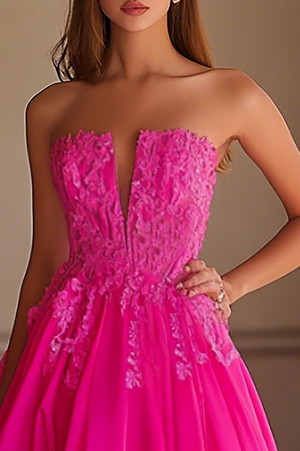 Fuchsia Chiffon Strapless Long A Line Prom Dress with Applique