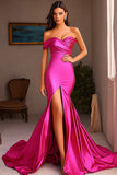 Fuchsia Ruched One Shoulder Maxi Mermaid Prom Dress with Slit
