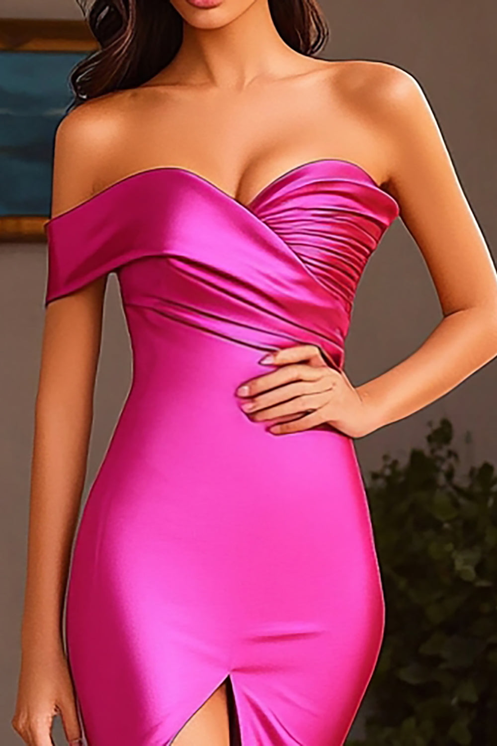 Fuchsia Ruched One Shoulder Maxi Mermaid Prom Dress with Slit