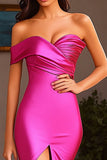 Fuchsia Ruched One Shoulder Maxi Mermaid Prom Dress with Slit