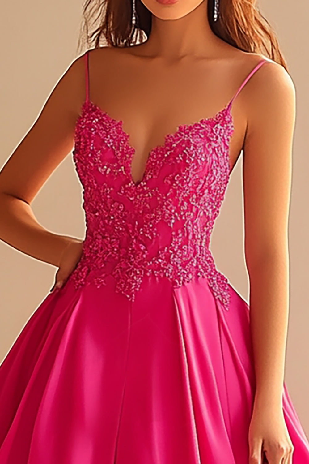 Fuchsia Spaghetti Straps Chiffon Long Ball Gown Prom Dress with Applique