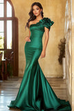 Dark Green One Shoulder Satin Maxi Mermaid Prom Dress