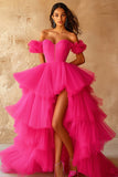 Fuchsia Sweetheart High-Low Ball Gown Prom Dress with Pleats