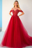 Red Cold Shoulder Tulle Maxi Ball Gown Prom Dress with Lace