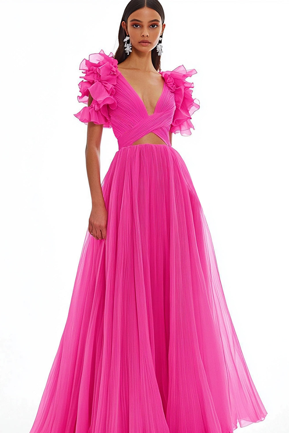 Fuchsia Tulle Cut Out A Line Maxi Prom Dress with Ruffles