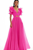Fuchsia Tulle Cut Out A Line Maxi Prom Dress with Ruffles