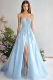 Sky Blue Chiffon Spaghetti Straps Maxi A-Line Prom Dress with Appliques