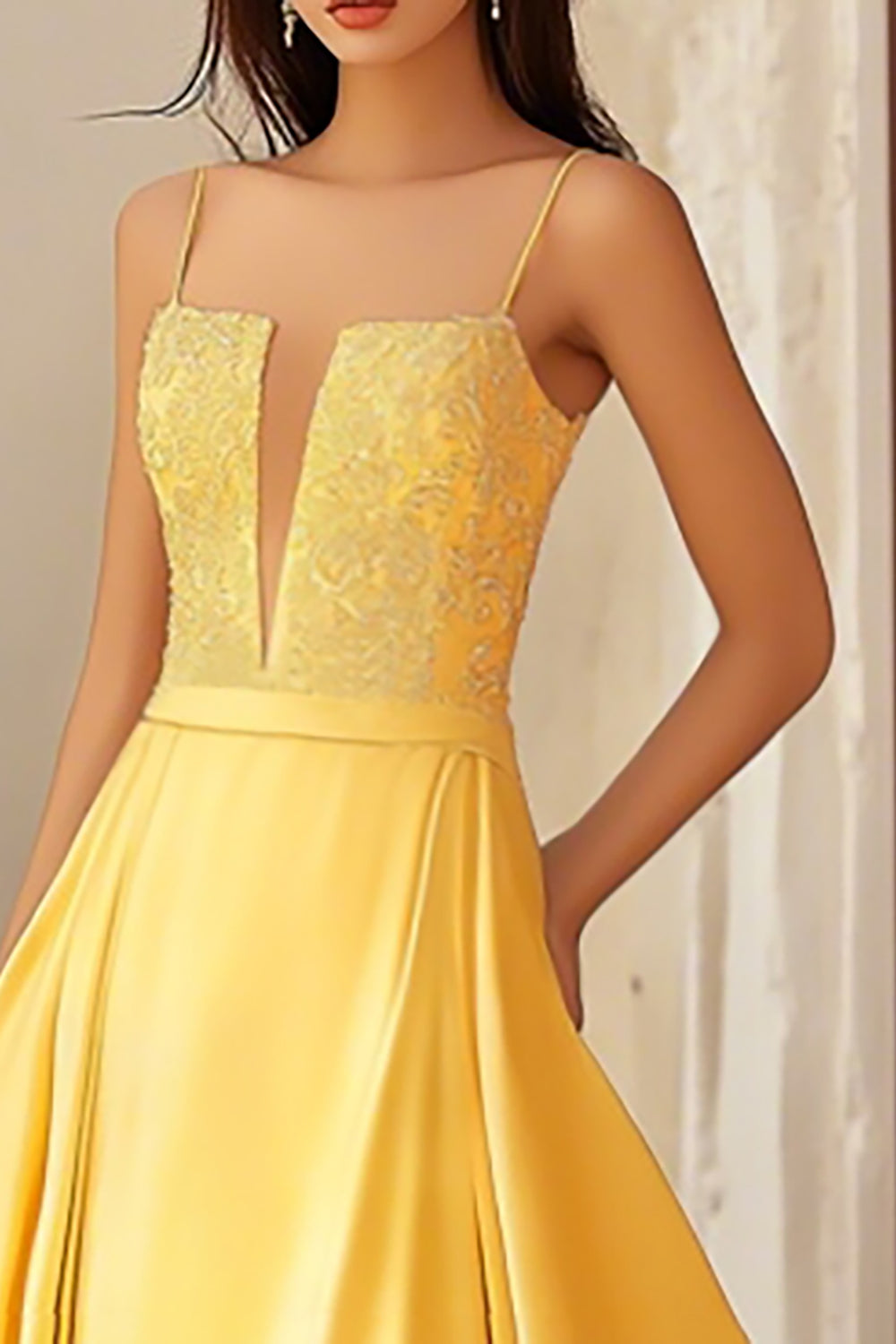 Yellow Spaghetti Straps Satin Maxi A-Line Prom Dress