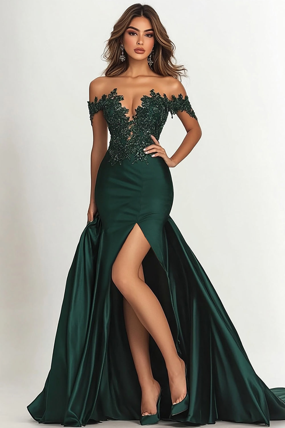 Dark Green Satin Off the Shoulder Maxi Mermaid Prom Dress with Appliques