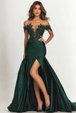 Dark Green Satin Off the Shoulder Maxi Mermaid Prom Dress with Appliques