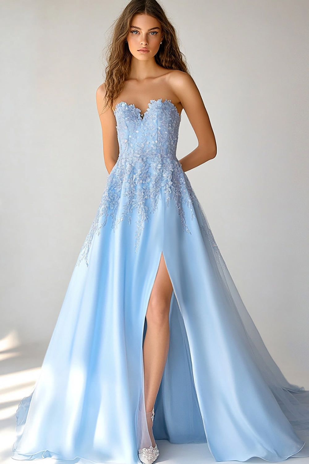 Sky Blue Sweetheart Appliqued Maxi A Line Prom Dress with Slit