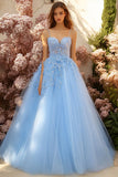 Sky Blue Spaghetti Straps Tulle Ball Gown Maxi Prom Dress with Appliques