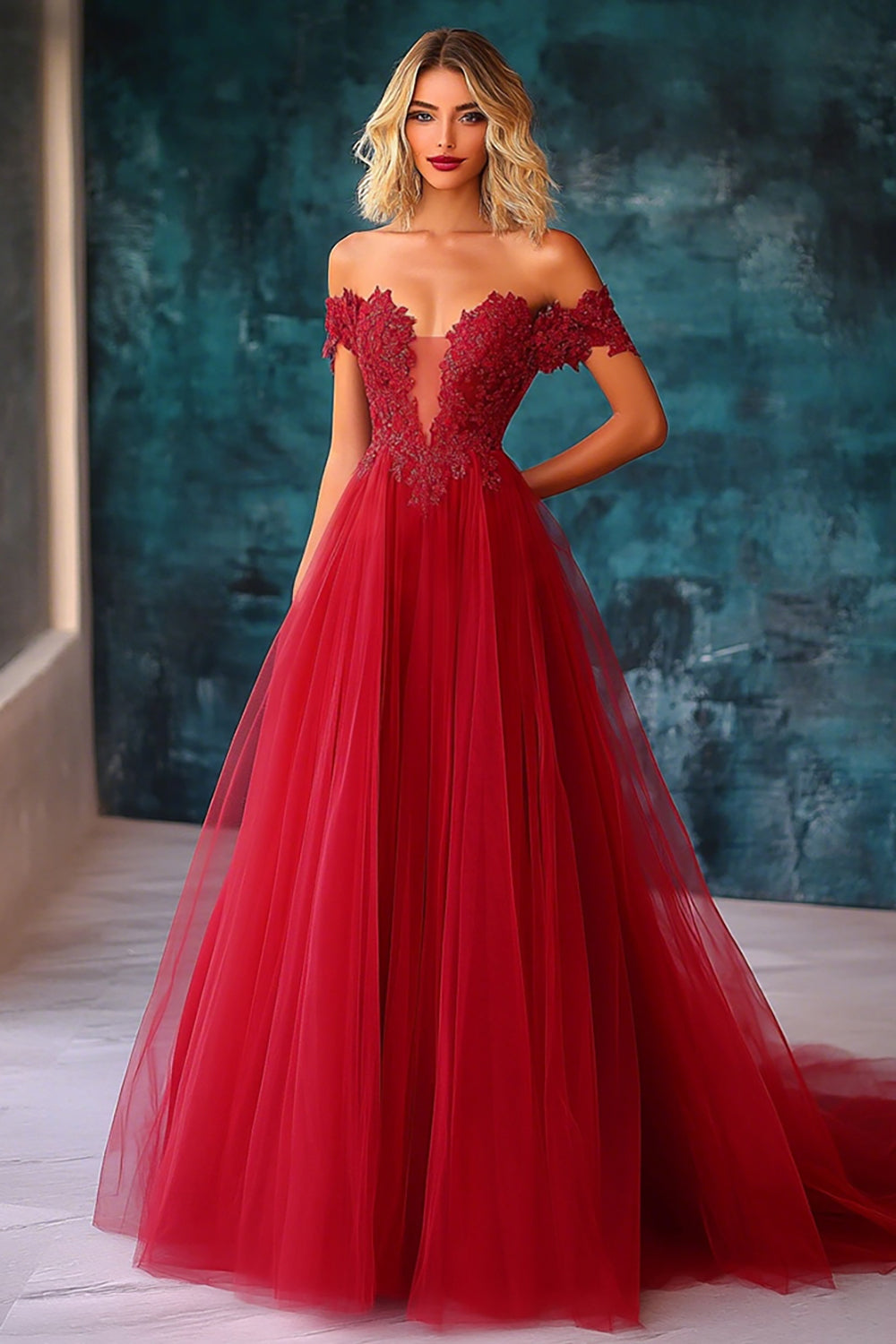 Red Off the Shoulder Tulle Maxi Ball Gown Prom Dress with Applique