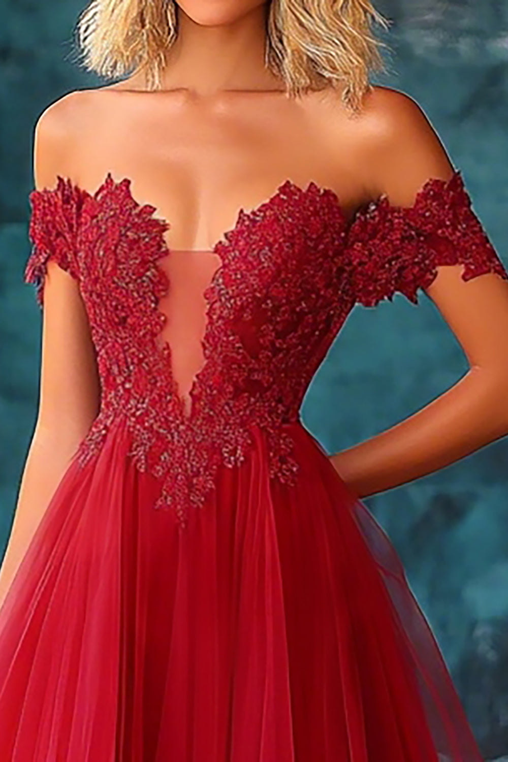 Red Off the Shoulder Tulle Maxi Ball Gown Prom Dress with Applique
