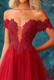 Red Off the Shoulder Tulle Maxi Ball Gown Prom Dress with Applique